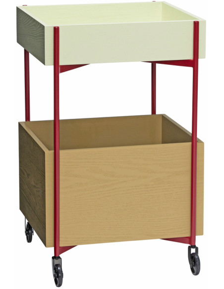 Desserte moderne à roulettes 2 niveaux en Bois de frêne Bois MDF Naturel Kaki Métal Rouge Fresh Hübsch - 1