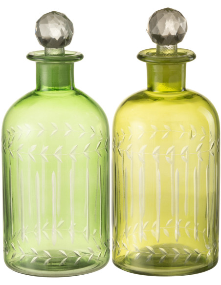 Carafe avec bouchon Hauteur 25 cm en Verre Vert Motif feuilles Roman (Lot de 2) - 1