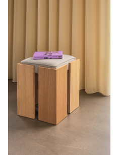 Pouf moderne carré 39 cm en Bois MDF Naturel Placage chêne Tissu Sable Forma - 2