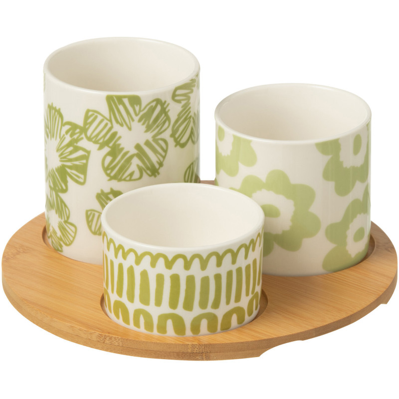 Plateau apéro 3 récipients Rond 20 cm en Bambou Naturel Céramique Blanc Vert Candace - 1