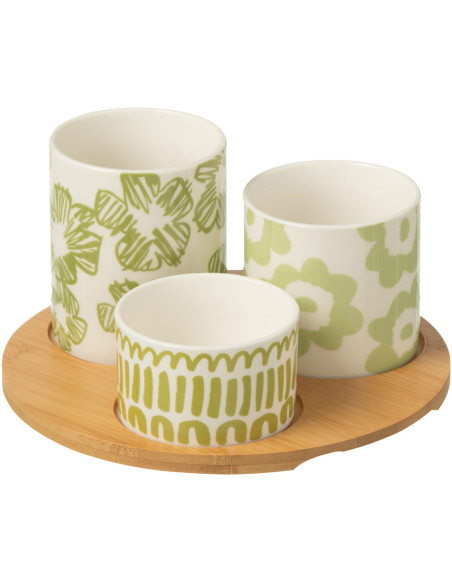 Plateau apéro 3 récipients Rond 20 cm en Bambou Naturel Céramique Blanc Vert Candace - 1