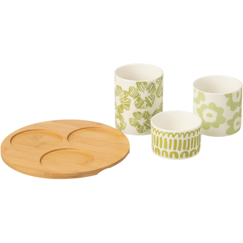Plateau apéro 3 récipients Rond 20 cm en Bambou Naturel Céramique Blanc Vert Candace - 2