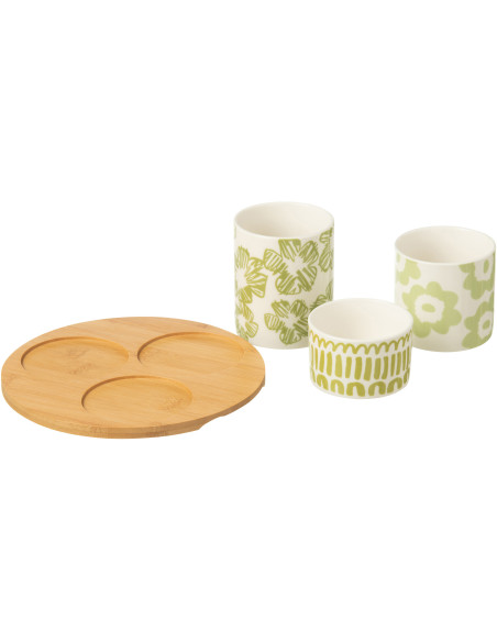 Plateau apéro 3 récipients Rond 20 cm en Bambou Naturel Céramique Blanc Vert Candace - 2