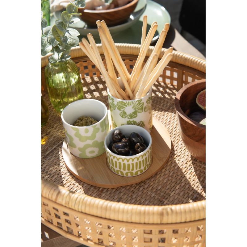 Plateau apéro 3 récipients Rond 20 cm en Bambou Naturel Céramique Blanc Vert Candace - 3