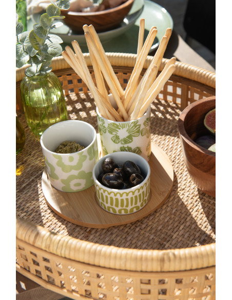 Plateau apéro 3 récipients Rond 20 cm en Bambou Naturel Céramique Blanc Vert Candace - 3
