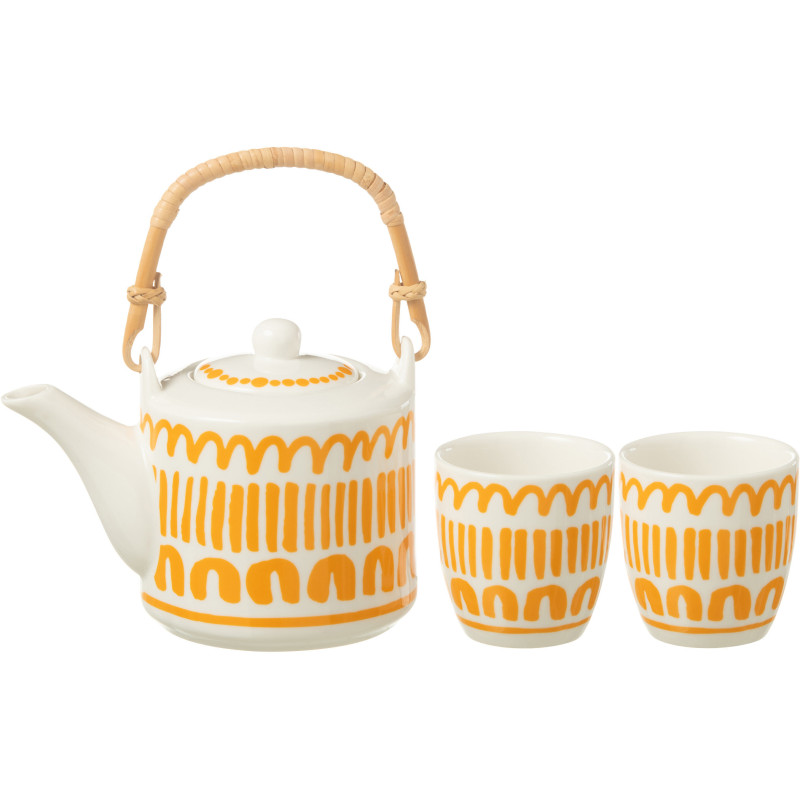 Service à thé 1 théière et 2 tasses 600 ml en Céramique Blanc Orange Motif lignes Candace - 1