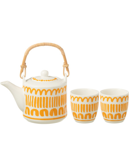 Service à thé 1 théière et 2 tasses 600 ml en Céramique Blanc Orange Motif lignes Candace - 1