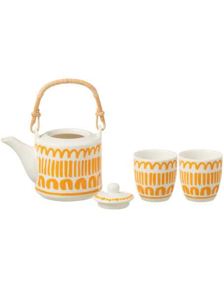 Service à thé 1 théière et 2 tasses 600 ml en Céramique Blanc Orange Motif lignes Candace - 2