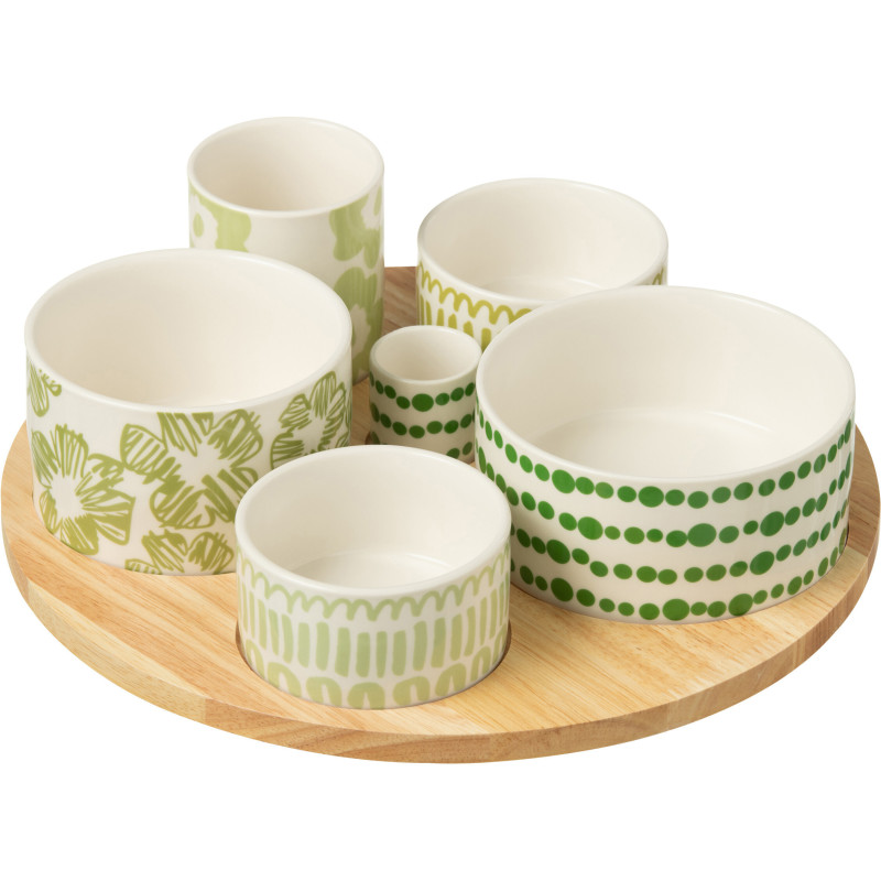 Plateau apéro 6 récipients Rond 30 cm en Bambou Naturel Céramique Blanc Vert Candace - 1