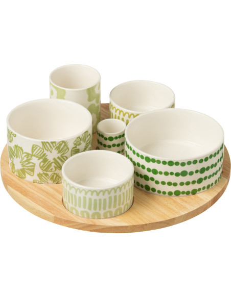 Plateau apéro 6 récipients Rond 30 cm en Bambou Naturel Céramique Blanc Vert Candace - 1