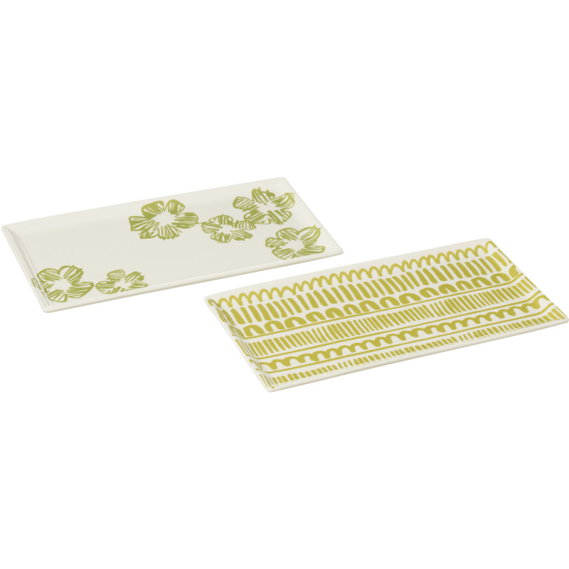 Plat Rectangulaire 30 cm en Céramique Blanc Vert Motif fleurs et lignes Candace (Lot de 2) - 1