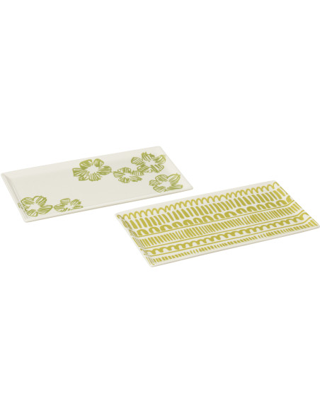 Plat Rectangulaire 30 cm en Céramique Blanc Vert Motif fleurs et lignes Candace (Lot de 2) - 1