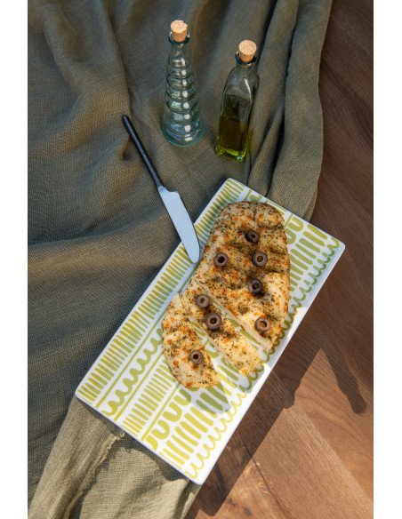 Plat Rectangulaire 30 cm en Céramique Blanc Vert Motif fleurs et lignes Candace (Lot de 2) - 2