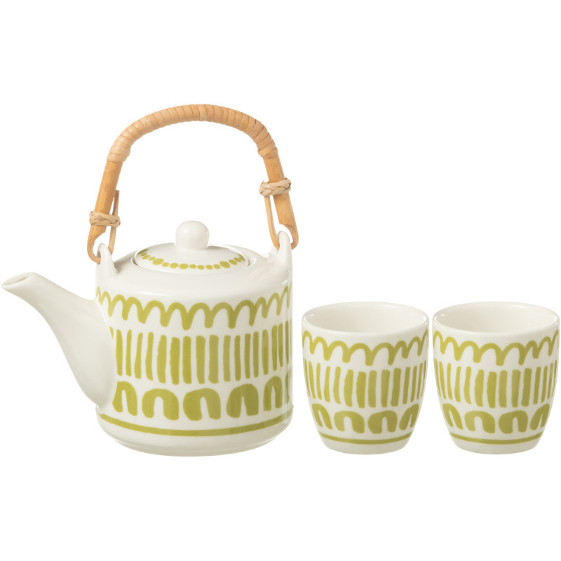 Service à thé 1 théière et 2 tasses 600 ml en Céramique Blanc Vert Motif lignes Candace - 1