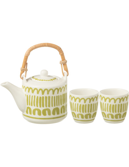 Service à thé 1 théière et 2 tasses 600 ml en Céramique Blanc Vert Motif lignes Candace - 1