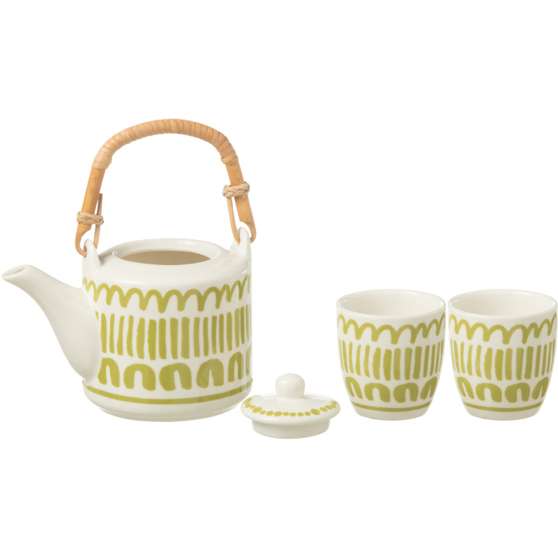 Service à thé 1 théière et 2 tasses 600 ml en Céramique Blanc Vert Motif lignes Candace - 2