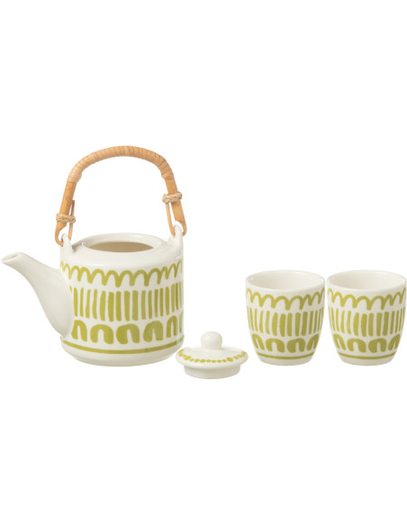 Service à thé 1 théière et 2 tasses 600 ml en Céramique Blanc Vert Motif lignes Candace - 2