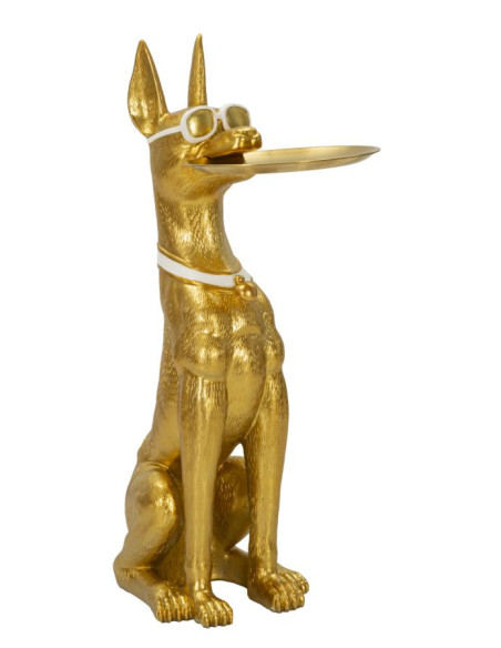 Grande Statue déco moderne Dobermann avec plateau Hauteur 91 cm en Résine Métal Doré Blanc Pit 