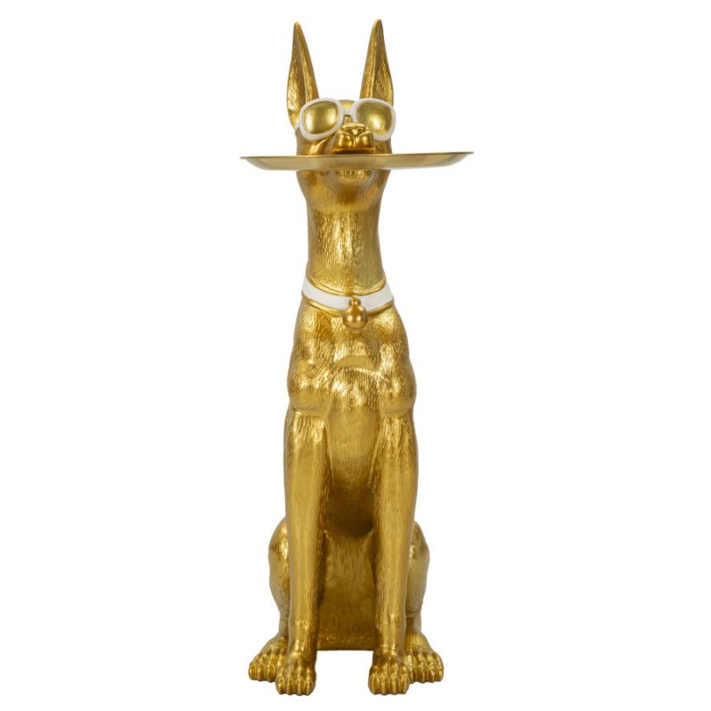 Grande Statue déco moderne Dobermann avec plateau Hauteur 91 cm en Résine Métal Doré Blanc Pit 