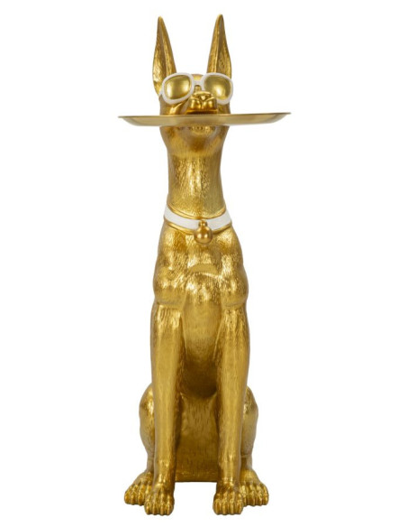 Grande Statue déco moderne Dobermann avec plateau Hauteur 91 cm en Résine Métal Doré Blanc Pit 