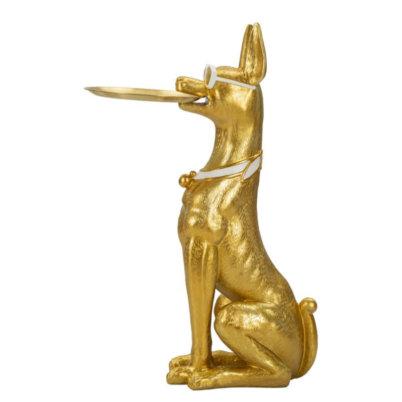 Grande Statue déco moderne Dobermann avec plateau Hauteur 91 cm en Résine Métal Doré Blanc Pit 