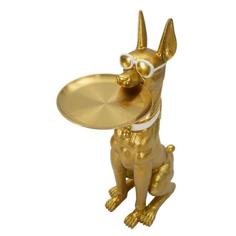 Grande Statue déco moderne Dobermann avec plateau Hauteur 91 cm en Résine Métal Doré Blanc Pit 