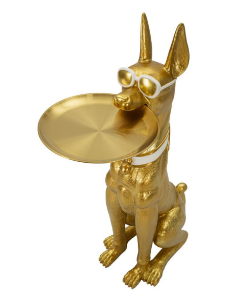 Grande Statue déco moderne Dobermann avec plateau Hauteur 91 cm en Résine Métal Doré Blanc Pit 