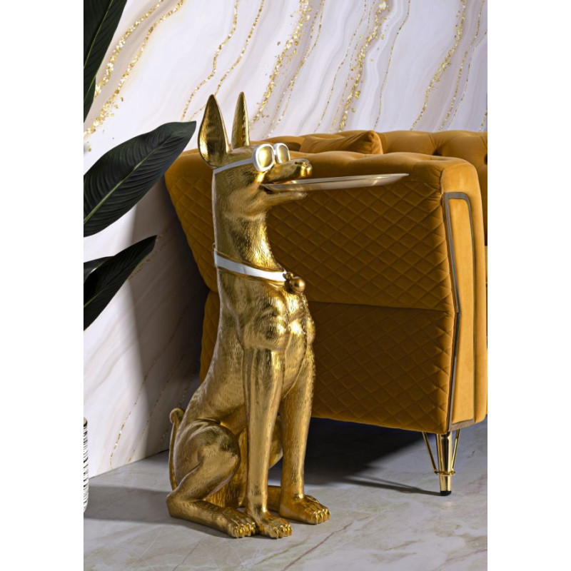 Grande Statue déco moderne Dobermann avec plateau Hauteur 91 cm en Résine Métal Doré Blanc Pit 