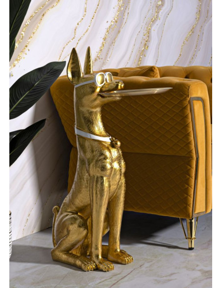 Grande Statue déco moderne Dobermann avec plateau Hauteur 91 cm en Résine Métal Doré Blanc Pit 