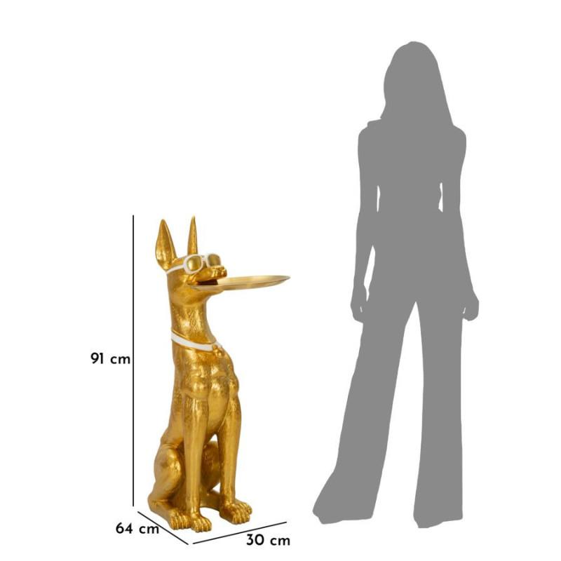 Grande Statue déco moderne Dobermann avec plateau Hauteur 91 cm en Résine Métal Doré Blanc Pit 