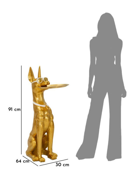 Grande Statue déco moderne Dobermann avec plateau Hauteur 91 cm en Résine Métal Doré Blanc Pit 