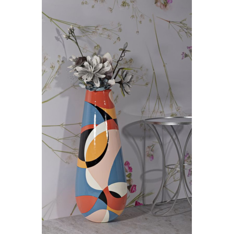 Grande Vase moderne XXL Rond Hauteur 92 cm en Résine Motif abstrait coloré Rubic 