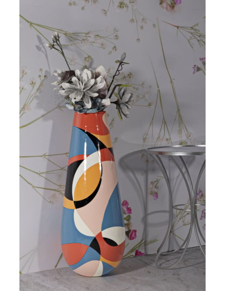 Grande Vase moderne XXL Rond Hauteur 92 cm en Résine Motif abstrait coloré Rubic 