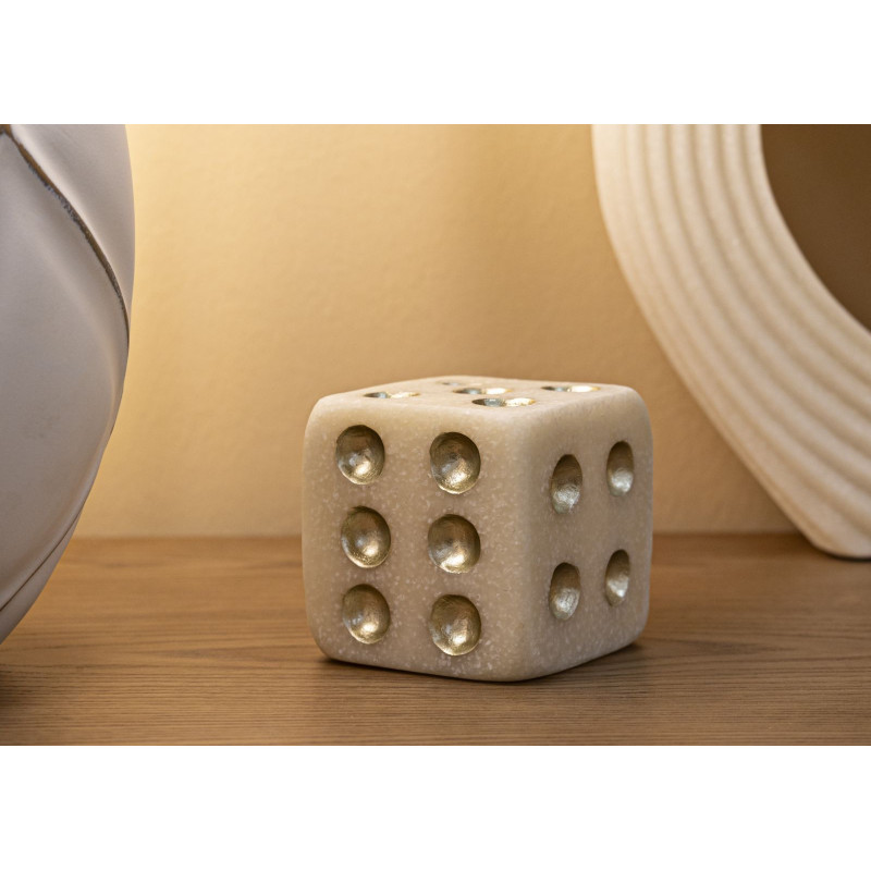 Objet déco moderne Dé 8 cm en Résine Blanc Effet quartz Doré Dado 