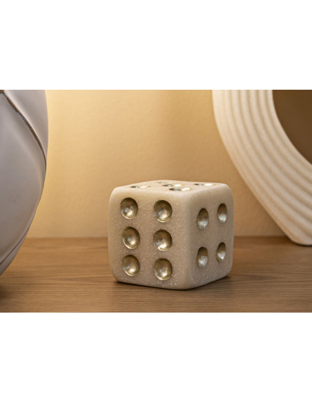 Objet déco moderne Dé 8 cm en Résine Blanc Effet quartz Doré Dado 