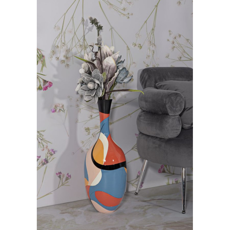 Grand Vase moderne Rond Hauteur 66 cm en Résine Motif abstrait coloré Rubic 