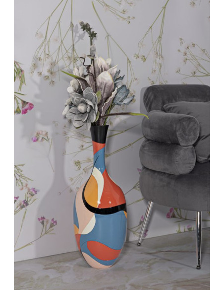 Grand Vase moderne Rond Hauteur 66 cm en Résine Motif abstrait coloré Rubic 