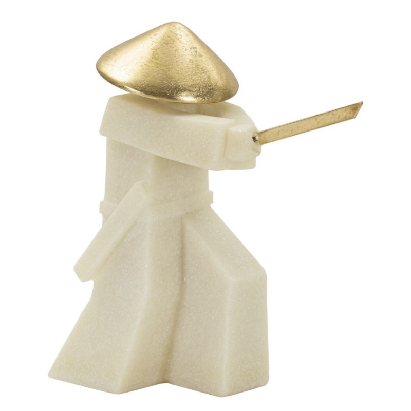 Grande Statue déco moderne Samouraï Chudan-no-kamae Hauteur 30 cm en Résine Blanc Effet quartz Métal Doré Toku 