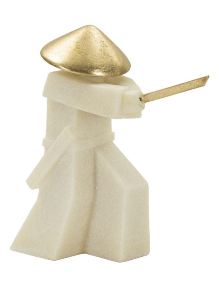 Grande Statue déco moderne Samouraï Chudan-no-kamae Hauteur 30 cm en Résine Blanc Effet quartz Métal Doré Toku 