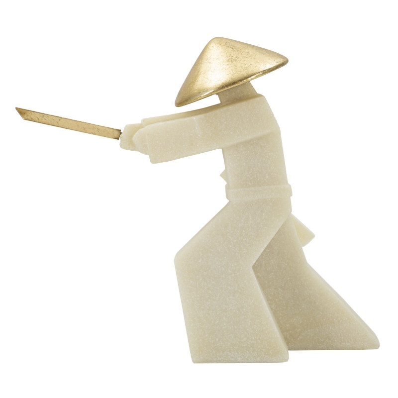 Grande Statue déco moderne Samouraï Chudan-no-kamae Hauteur 30 cm en Résine Blanc Effet quartz Métal Doré Toku 