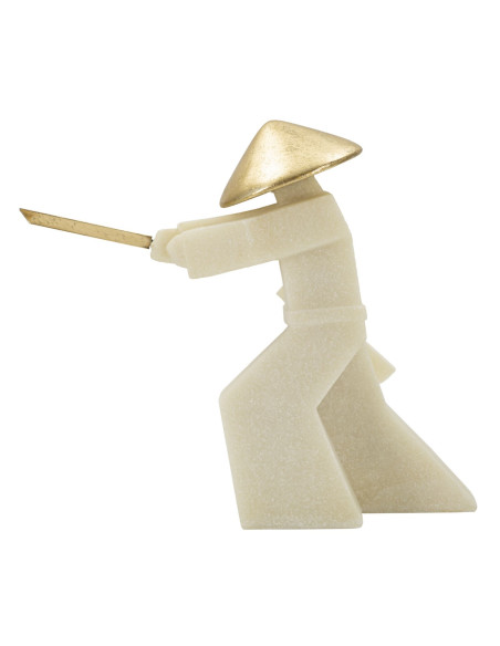 Grande Statue déco moderne Samouraï Chudan-no-kamae Hauteur 30 cm en Résine Blanc Effet quartz Métal Doré Toku 