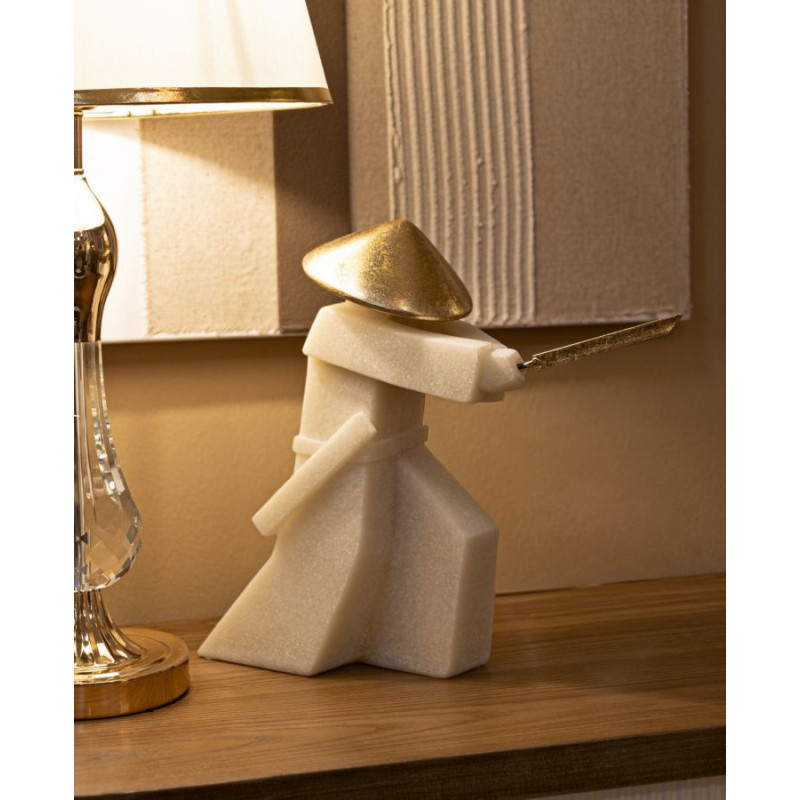 Grande Statue déco moderne Samouraï Chudan-no-kamae Hauteur 30 cm en Résine Blanc Effet quartz Métal Doré Toku 