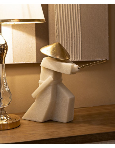 Grande Statue déco moderne Samouraï Chudan-no-kamae Hauteur 30 cm en Résine Blanc Effet quartz Métal Doré Toku 