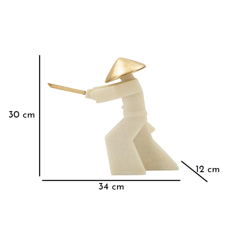 Grande Statue déco moderne Samouraï Chudan-no-kamae Hauteur 30 cm en Résine Blanc Effet quartz Métal Doré Toku 