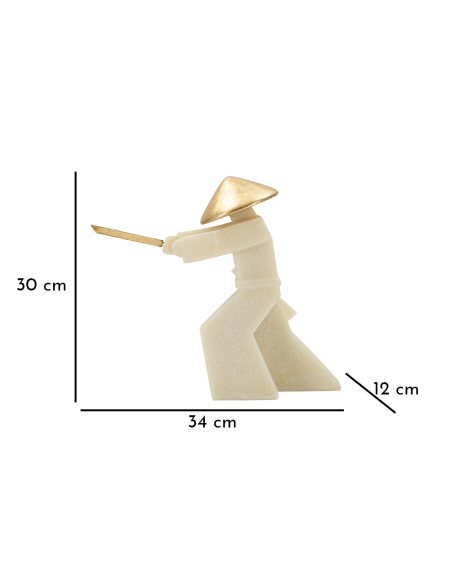 Grande Statue déco moderne Samouraï Chudan-no-kamae Hauteur 30 cm en Résine Blanc Effet quartz Métal Doré Toku 