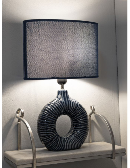 Lampe à poser moderne bord de mer Hauteur 43 cm en Céramique Tissu Bleu Métal Argenté Seta 