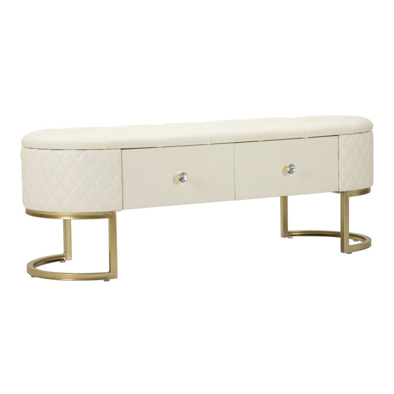 Banquette bout de lit moderne chic 2 tiroirs en Polyuréthane Blanc Matelassé Bois MDF Métal Doré Shanon 