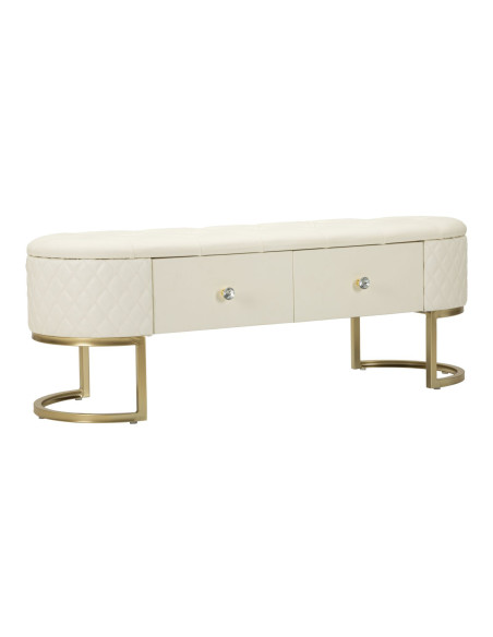 Banquette bout de lit moderne chic 2 tiroirs en Polyuréthane Blanc Matelassé Bois MDF Métal Doré Shanon 
