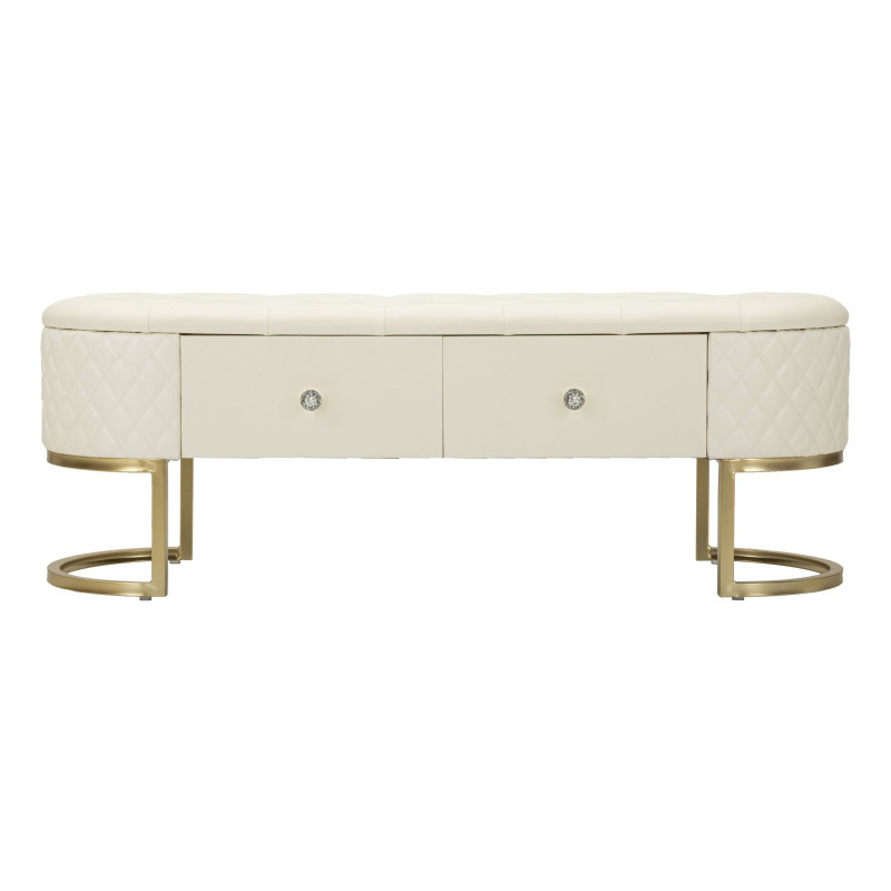 Banquette bout de lit moderne chic 2 tiroirs en Polyuréthane Blanc Matelassé Bois MDF Métal Doré Shanon 