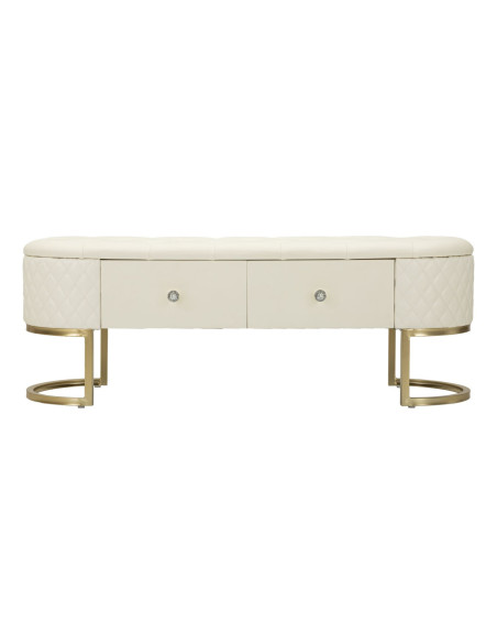 Banquette bout de lit moderne chic 2 tiroirs en Polyuréthane Blanc Matelassé Bois MDF Métal Doré Shanon 